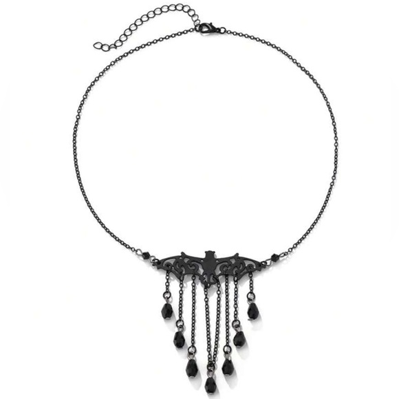 “Victorian Bat” Black Lacey Chandelier Tassel Trim Fancy Gothic Elegant Necklace - Picture 5 of 7